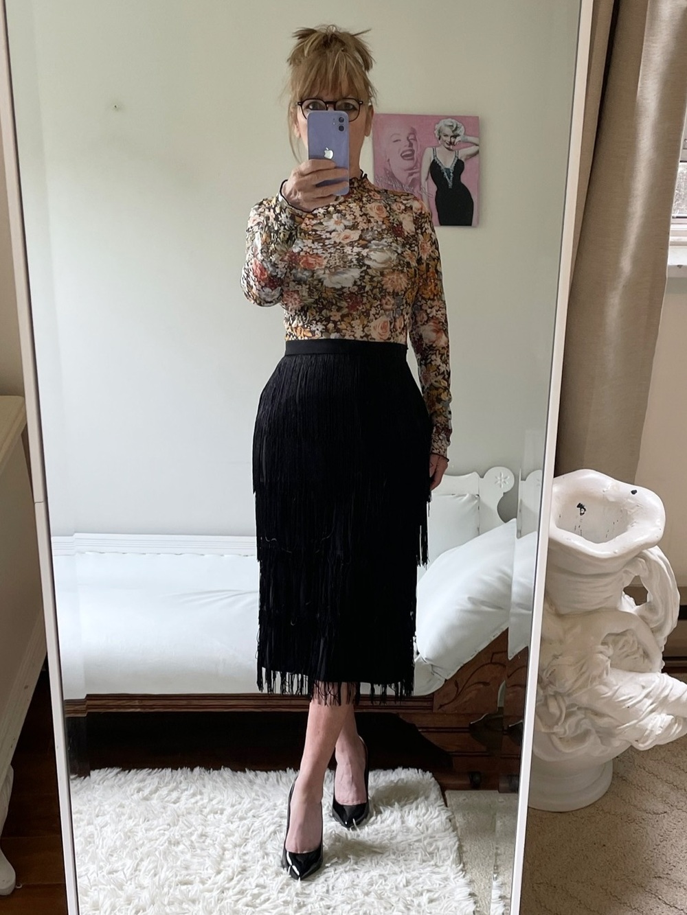 AOMEI BLACK FRINGE MIDI PENCIL SKIRT ZIPPER BACK SLIT LINED TASSELS STRETCH